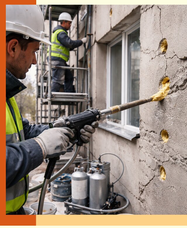 Заполнение пустот в фасаде и утепление стен в Коломне